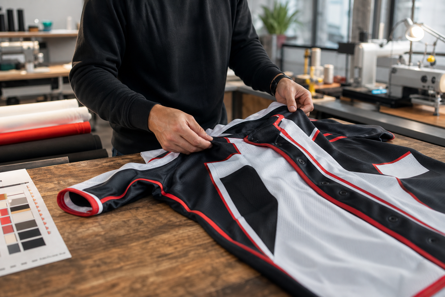 A Riot Sports craftsperson inspecting the stitching on a custom jersey