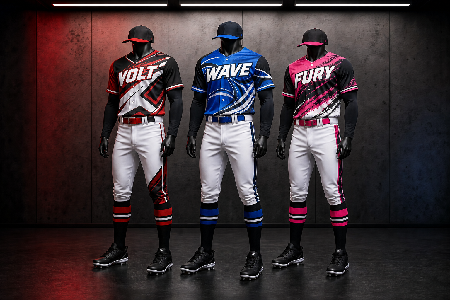 Three custom baseball uniform concepts named Volt, Wave and Fury